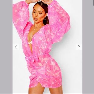 BALLOON SLEEVE TIE DYE PLUNGE BEACH DRESS